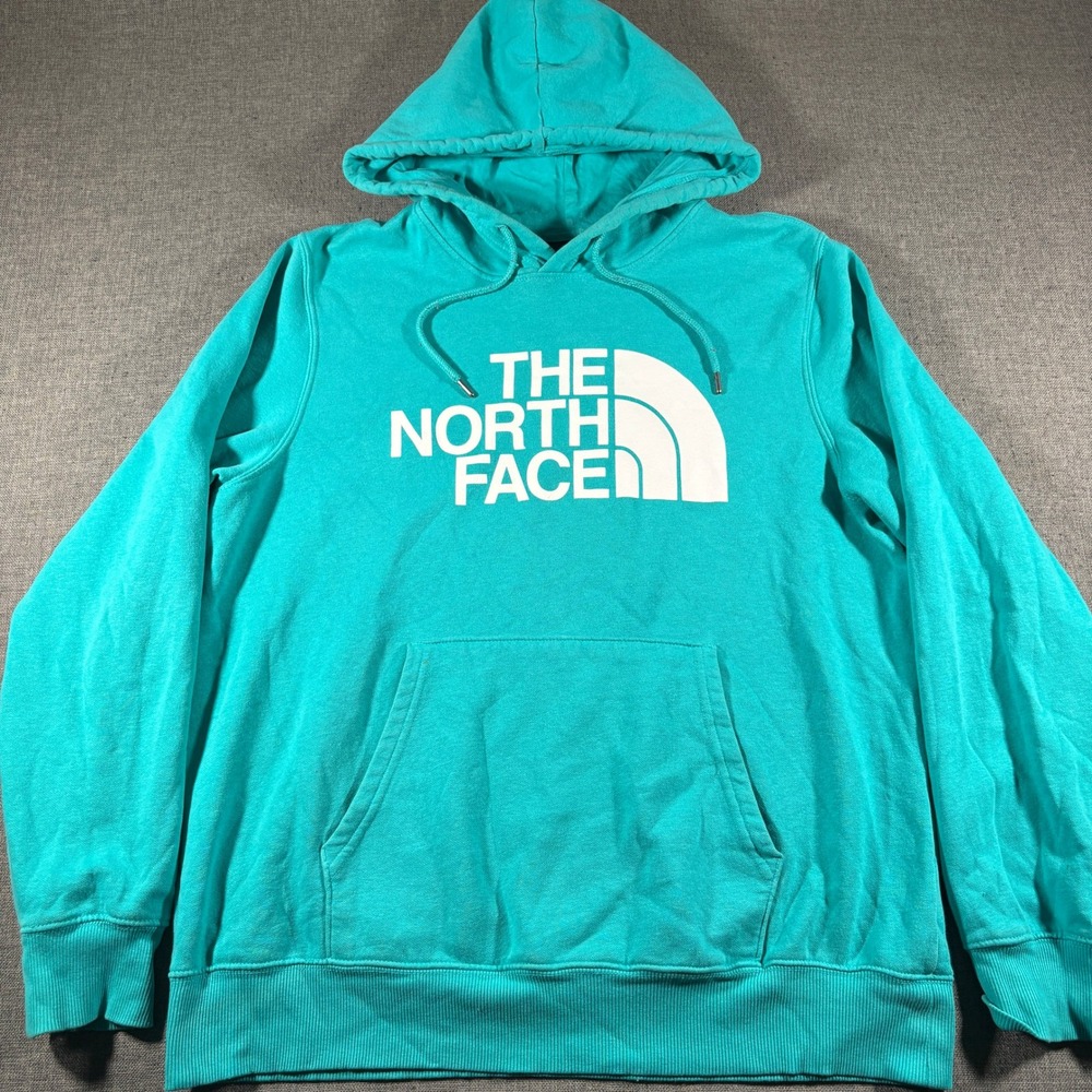 The North Face Hoodie Mens Large Teal Blue Half Dome Logo Pullover Fleece